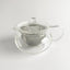 A clear glass Hario teapot with a removable strainer, displaying a 0.45 litre capacity.