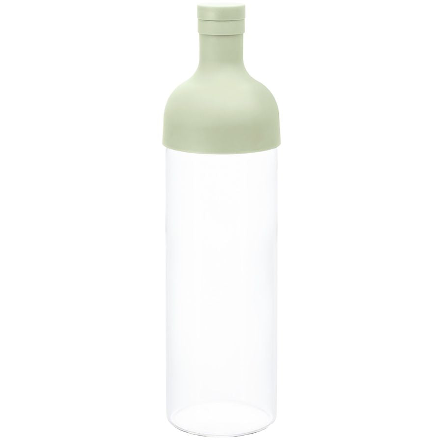 A glass bottle with a smokey green lid and a built-in strainer, designed for cold brewing tea.